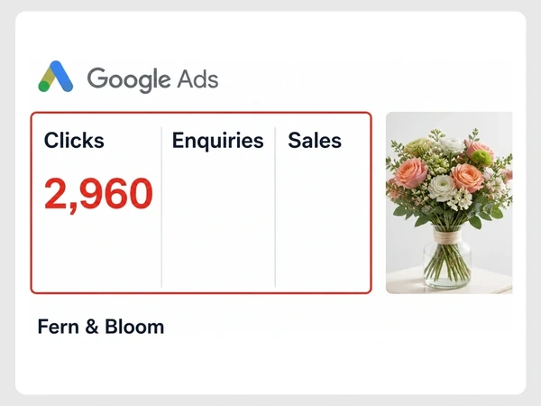 Fern & Bloom monthly Google Ads report shows Clicks 2,960 while Enquiries and Sales are empty and outlined red.