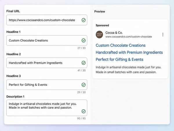 A Google Ads advert editor with chocolate maker headlines and the page it opens