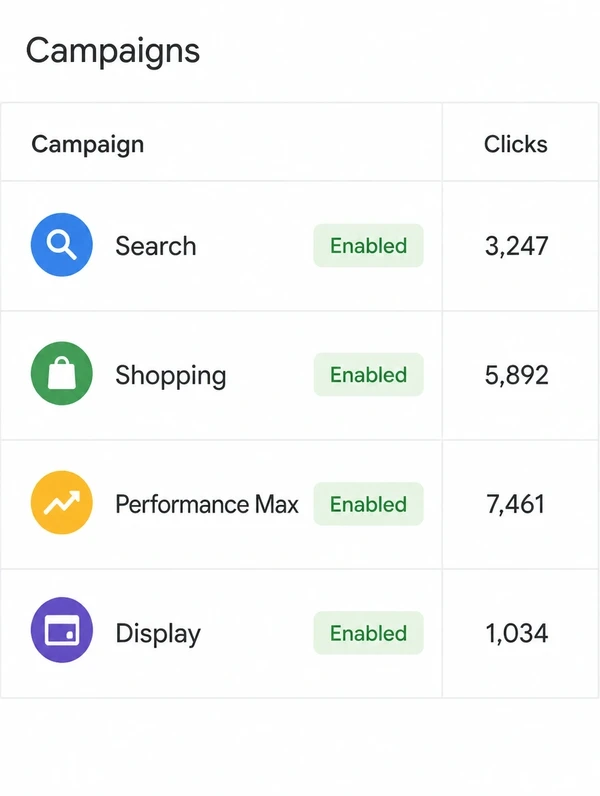 A Google Ads list of four campaigns, search, shopping, performance max and display, all enabled