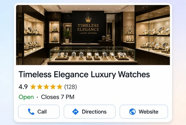 A Google Maps listing for a luxury watch retailer with rating, hours and a call button