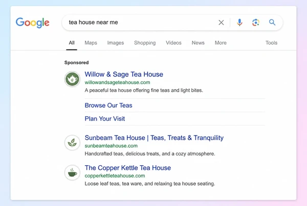 A Google results page with one sponsored tea house advert above two organic results