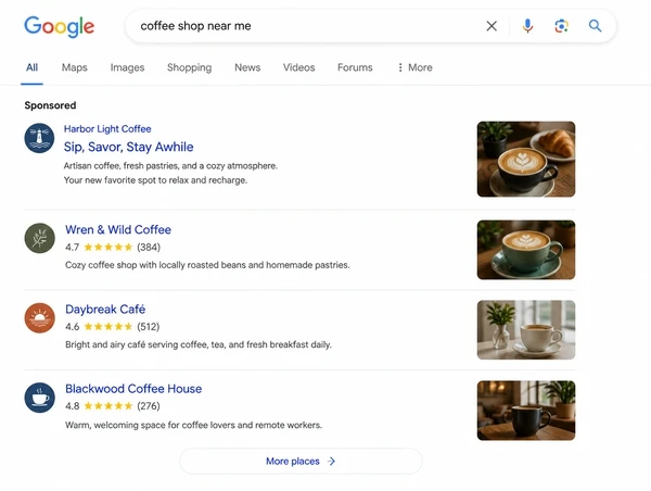 A Google search results page for a local cafe with a sponsored listing above the results