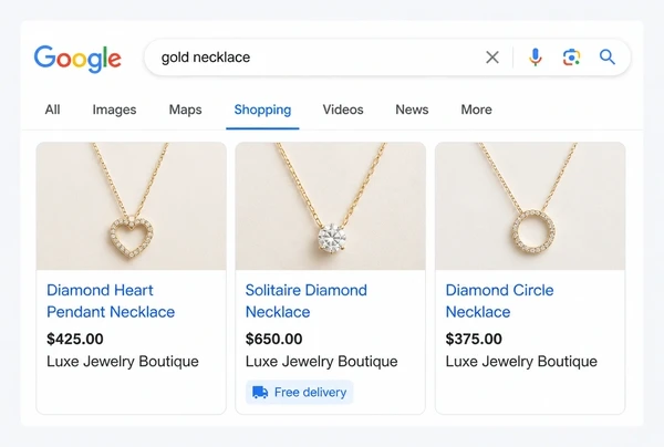Three jewellery boutique product cards with photograph, title and price in Google Shopping