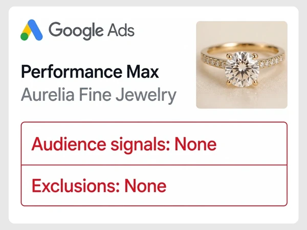 Aurelia Fine Jewelry Performance Max card shows Audience signals: None and Exclusions: None together inside a red outline.