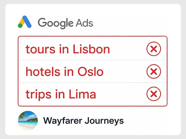 Wayfarer Journeys Google Ads search terms list tours in Lisbon, hotels in Oslo, and trips in Lima, each marked red.