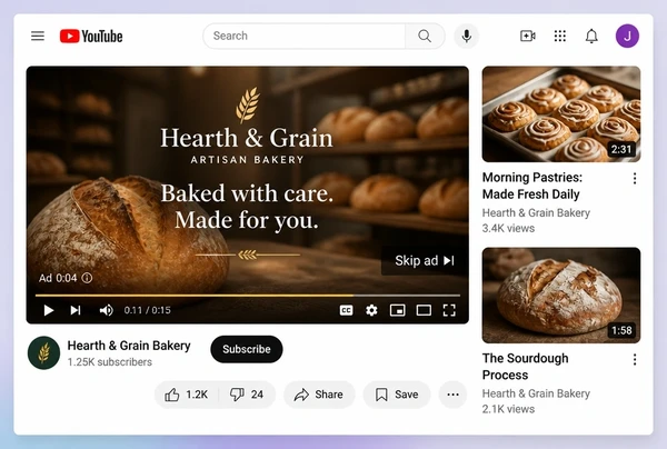 A YouTube watch page playing an artisan bakery video advert with a skip button