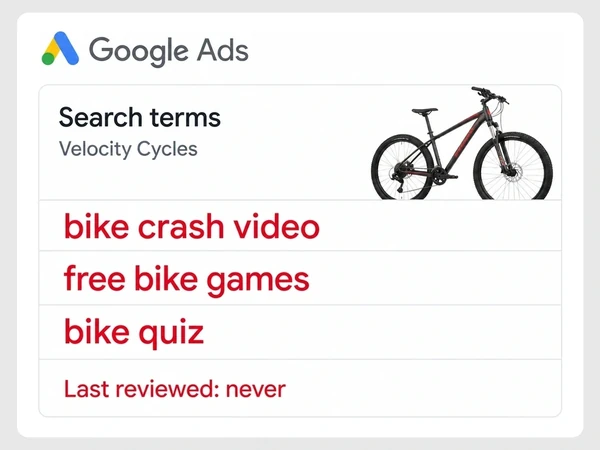 Velocity Cycles Google Ads search terms list bike crash video, free bike games, and bike quiz beside Last reviewed: never.