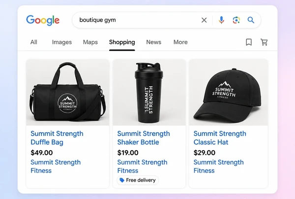 Three boutique gym product cards with photograph, title and price in Google Shopping