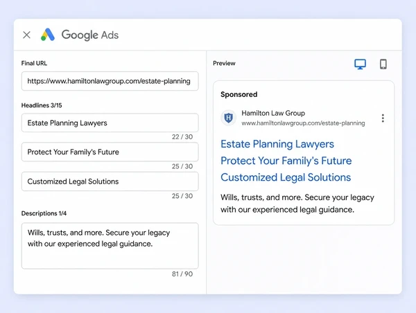 A Google Ads advert editor with law practice headlines and the page it opens