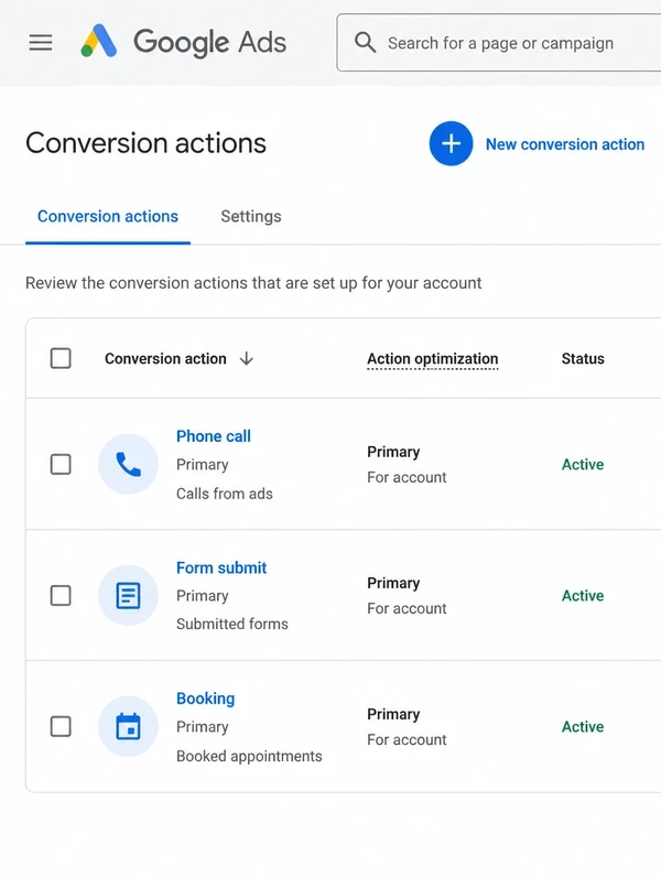 Google Ads conversion actions panel with phone call, form and booking tracking active