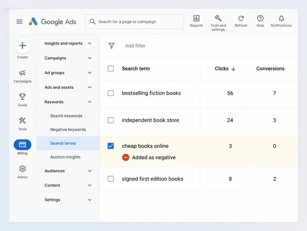 A Google Ads search terms report for a bookshop with one term excluded