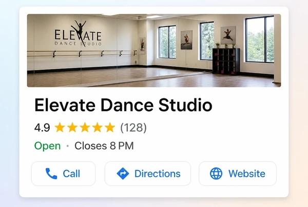 A Google Maps listing for a dance studio with rating, hours and a call button