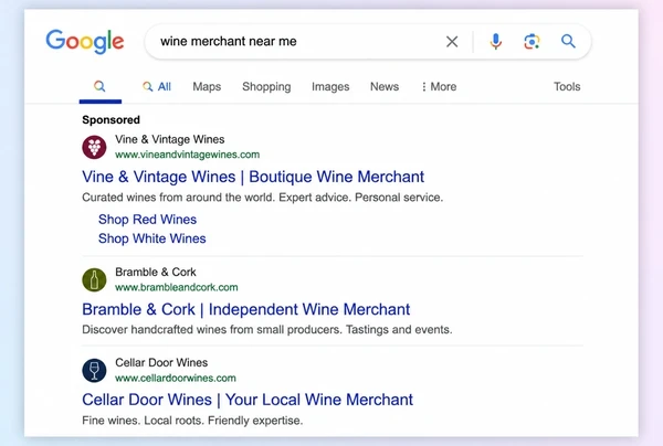 A Google results page with one sponsored wine merchant advert above two organic results