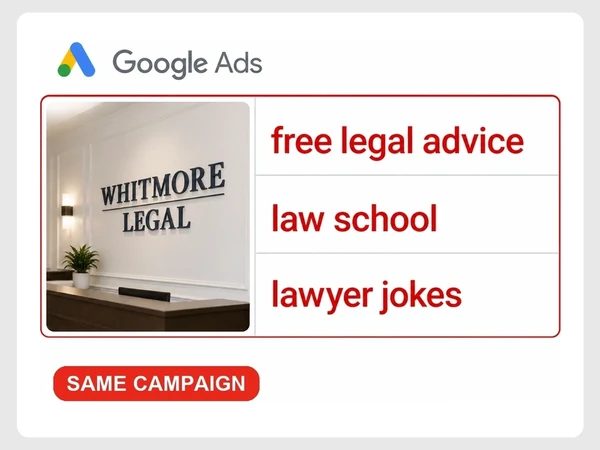 Whitmore Legal Google Ads card lists free legal advice, law school, and lawyer jokes in red under Same Campaign.