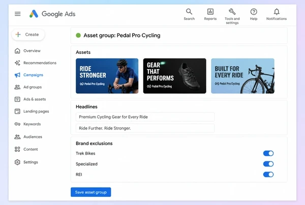 A Performance Max asset group for a performance cycling shop with three creatives and three exclusions