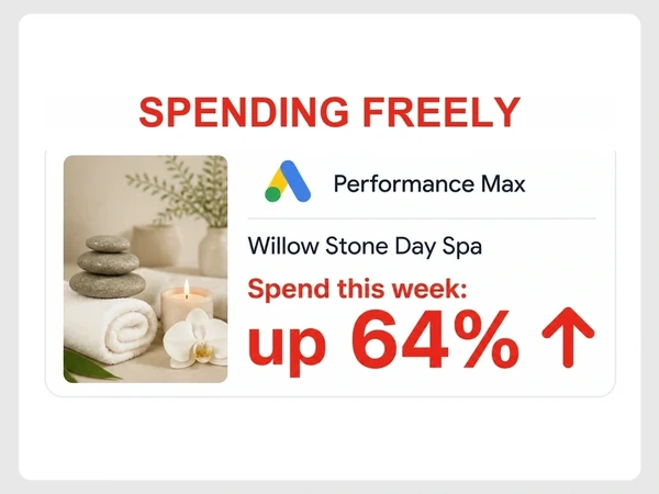 Willow Stone Day Spa Performance Max card shows Spend this week: up 64% in red beneath Spending Freely.