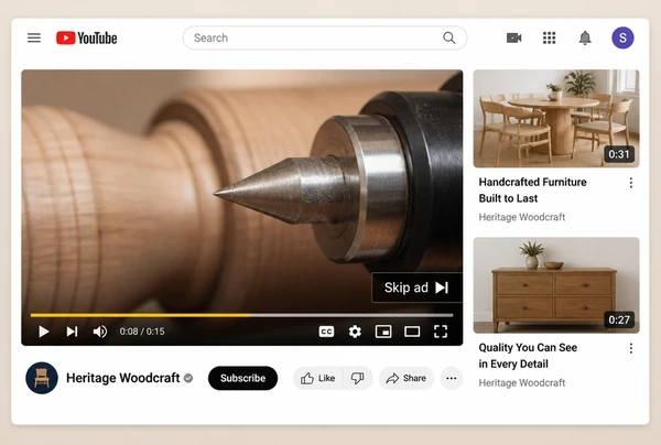 A YouTube watch page playing a furniture maker video advert with a skip button