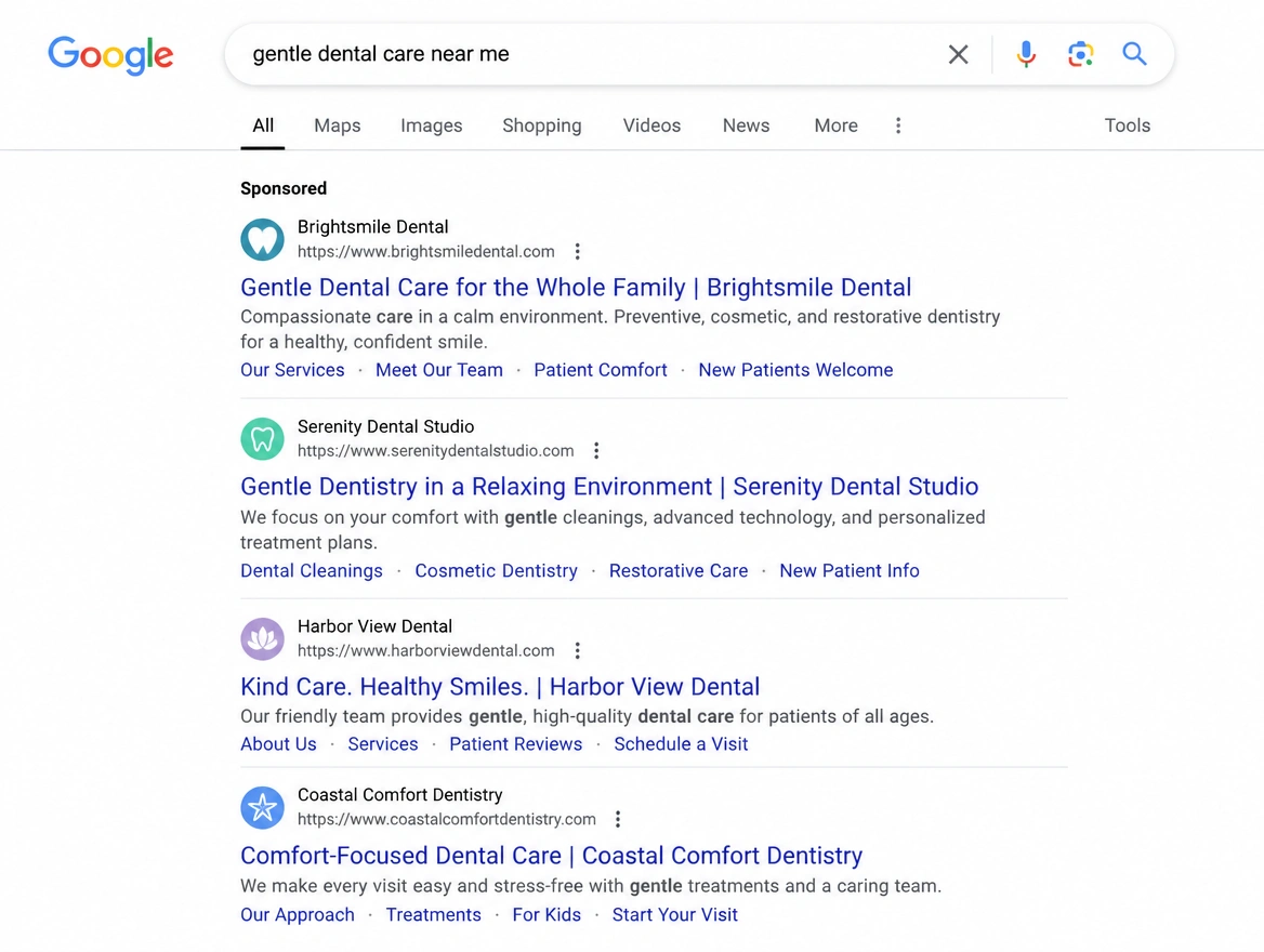 Google search results page with a sponsored dental clinic advert at the top