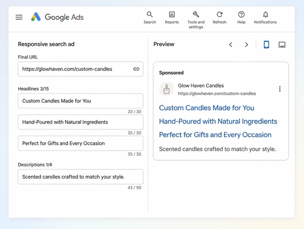 A Google Ads advert editor with candle maker headlines and the page it opens