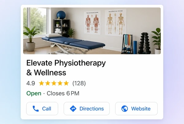 A Google Maps listing for a physiotherapy practice with rating, hours and a call button