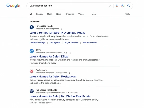 Google search results with a sponsored property agency advert sitting first