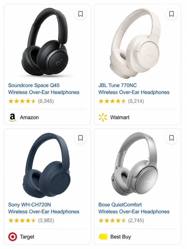 Google Shopping results grid of over ear headphones with ratings and shop names