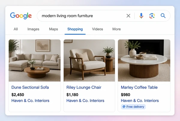 Three interior design studio product cards with photograph, title and price in Google Shopping