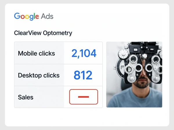 ClearView Optometry Google Ads devices report shows Mobile clicks 2,104, Desktop clicks 812, and Sales as a red dash.