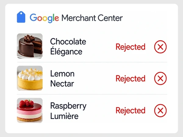 Maison Petal Merchant Center card shows three cake products marked Rejected in red with circle X icons.