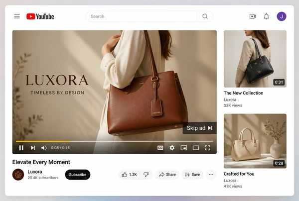 A YouTube watch page playing a handbag brand video advert with a skip button