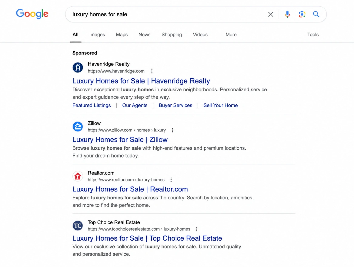 Google search results with a sponsored property agency advert sitting first