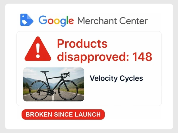Velocity Cycles Merchant Center card reports Products disapproved: 148 beside a warning triangle and Broken Since Launch.