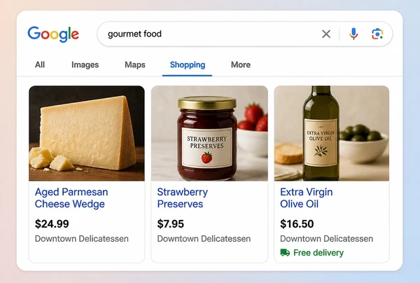 Three delicatessen product cards with photograph, title and price in Google Shopping