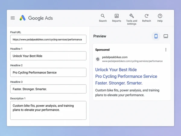 A Google Ads advert editor with performance cycling headlines and the page it opens