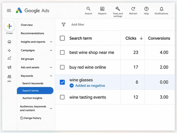 A Google Ads search terms report for a wine merchant with one term excluded