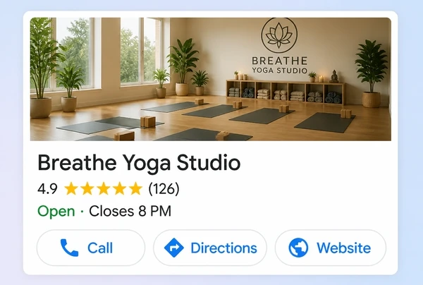 A Google Maps listing for a yoga studio with rating, hours and a call button