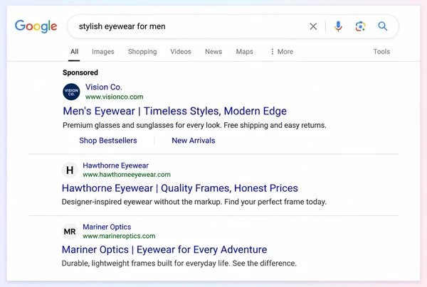 A Google results page with one sponsored eyewear brand advert above two organic results