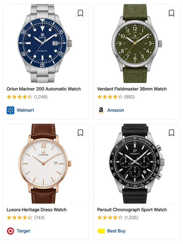 Google Shopping results grid of wristwatches with ratings and shop names