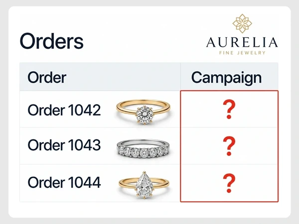 Aurelia Fine Jewelry orders 1042, 1043, and 1044 each show a red question mark in the Campaign column.