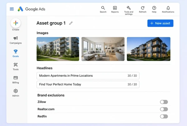 A Performance Max asset group for a real estate agency with three creatives and three exclusions