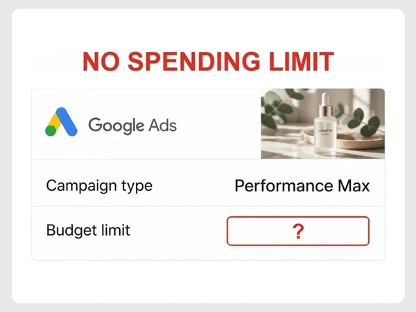 Lumiere Skin Performance Max settings show a red question mark in the Budget limit field beneath No Spending Limit.
