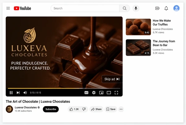 A YouTube watch page playing a chocolate maker video advert with a skip button