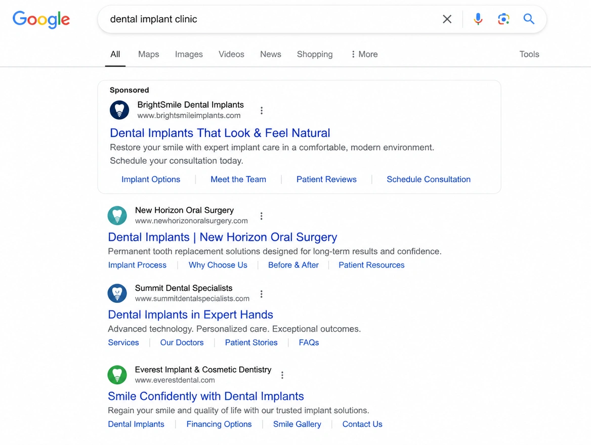 Google search results with a sponsored dental implant clinic listing first