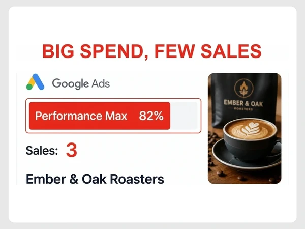 Ember & Oak Roasters Google Ads budget bar shows Performance Max at 82% with Sales: 3 beneath Big Spend, Few Sales.