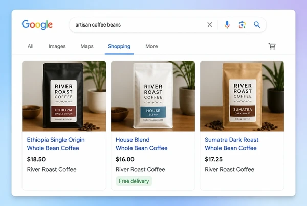 Three coffee roastery product cards with photograph, title and price in Google Shopping