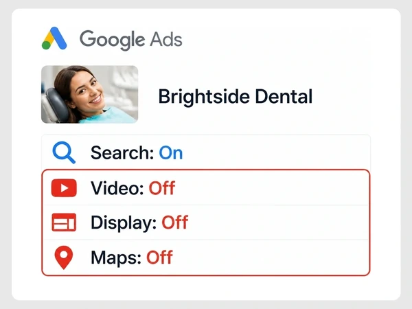 Brightside Dental Google Ads card shows Search On while Video, Display, and Maps are Off and outlined red.