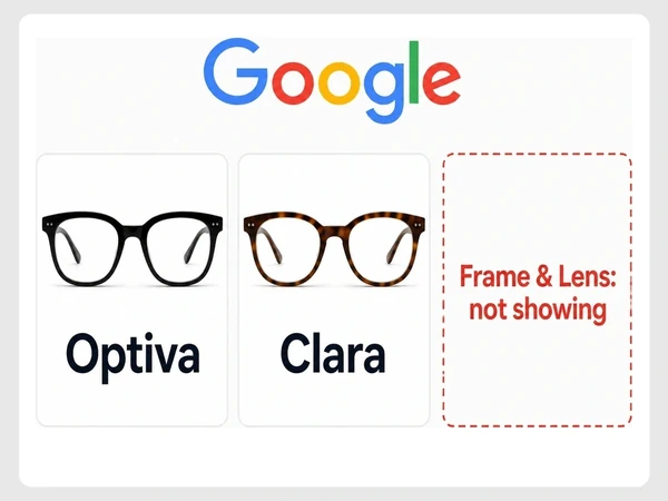 Google Shopping shows Optiva and Clara glasses cards beside an empty red dashed slot reading Frame & Lens: not showing.