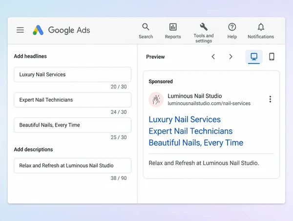 A Google Ads advert editor with nail studio headlines and the page it opens