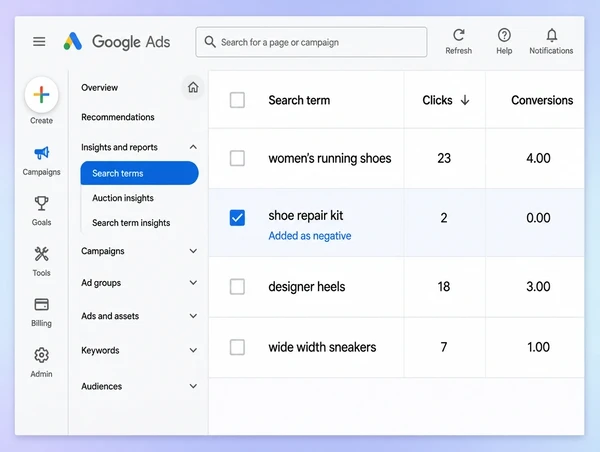 A Google Ads search terms report for a shoe boutique with one term excluded