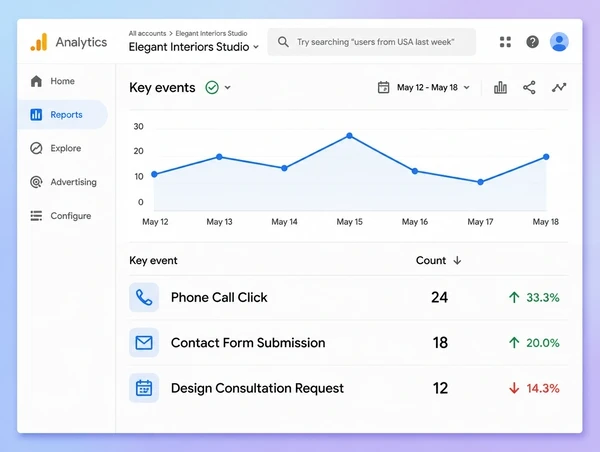 A Google Analytics key events report counting calls and forms for an interior design studio